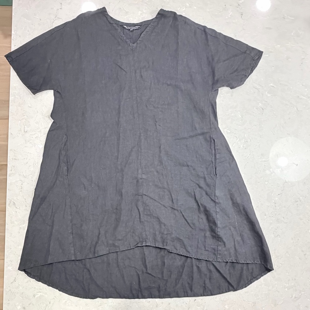 Black 100% Linen Short Sleeve Hi Low Tunic Dress in M/L